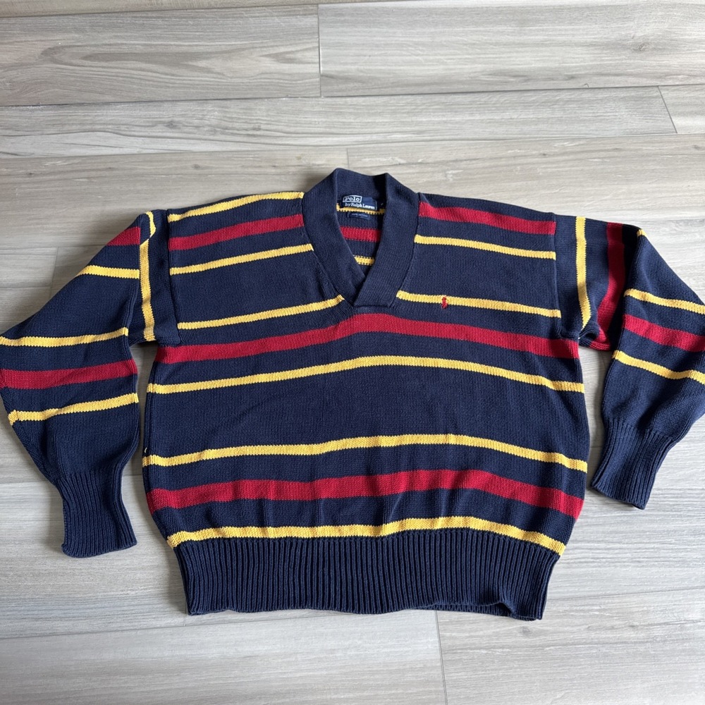Vintage 90's Ralph Lauren V-Neck Chunky Knit Striped‎ Sweater Men's M Hong Kong